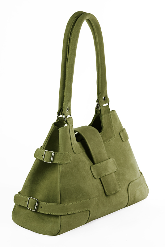 Pistachio green women's dress handbag, matching pumps and belts. Worn view - Florence KOOIJMAN